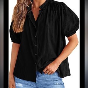 Pretty Garden black cotton buttoned down lantern short sleeves top‎ Sz XXL new